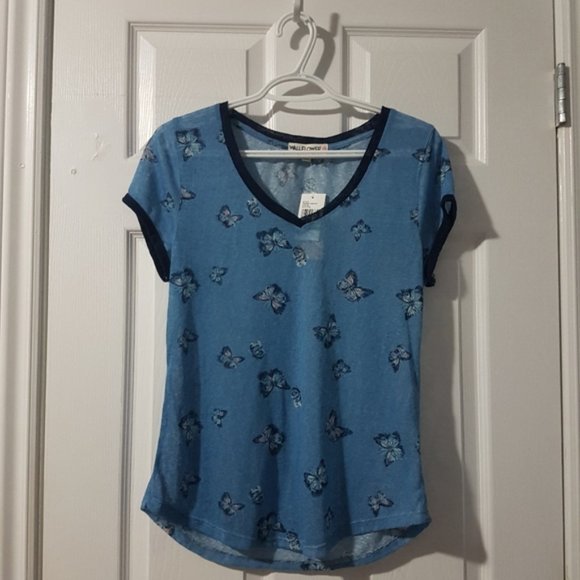 Butterfly print blue navy v-neck t-shirt M